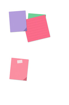Colorful sticky notes and paper memos for office organization and reminder tasks arranged in a simple stack layout for creative project planning and daily business communication needs