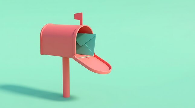 Pink mailbox with green envelope inside ready for mail delivery and communication on pastel background.