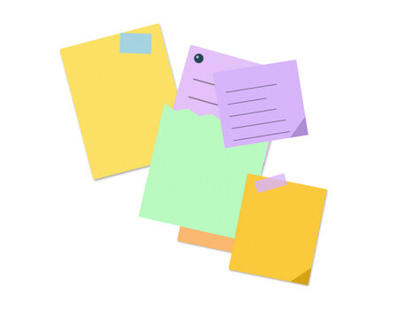 Colorful sticky notes and paper pads arranged in a messy pile for office work reminders and simple task organization planning on a flat surface for business and school project management