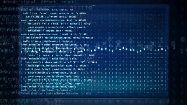 Abstract digital blue screen with scrolling computer code and data processing animation