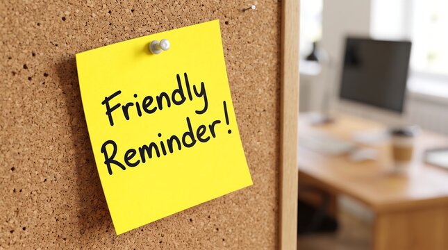 Friendly Reminder handwritten on yellow sticky note, cork bulletin board in modern office, business notification and task management concept