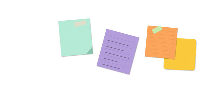 Colorful sticky notes with handwritten text and adhesive tape pieces for office organization and creative planning reminders attached together in a neat group on a flat surface