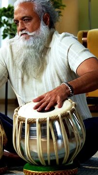 Indian mid age stylish bearded man practicing playing Tabla musical instrument at home, dedicated classical percussion performer doing daily riyaz session in modern home studio interior