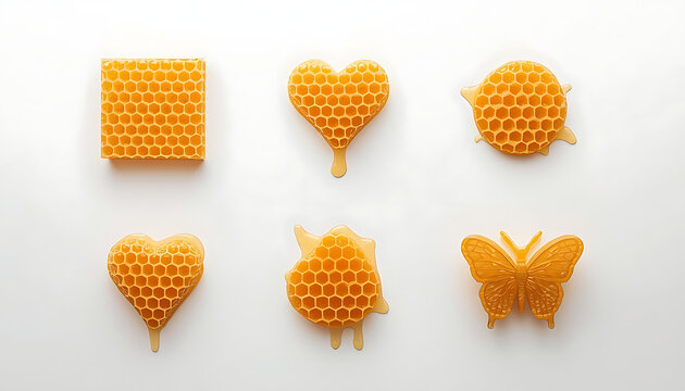 These are natural honeycomb pieces and stylized honeycomb shapes arranged for photography