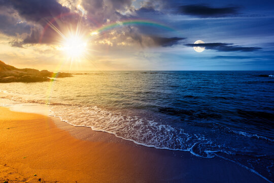 black sea landscape on summer solstice. day meet night. sun and moon over bulgaria nature landscape with sandy beach. vacation at the sea shore concept. waves and empty beach. remote astrology scene