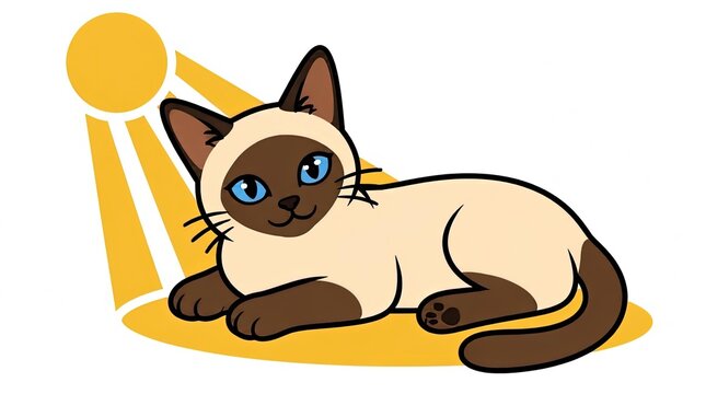 Cute cartoon Siamese cat with blue eyes relaxing in a sunbeam, isolated on white background.