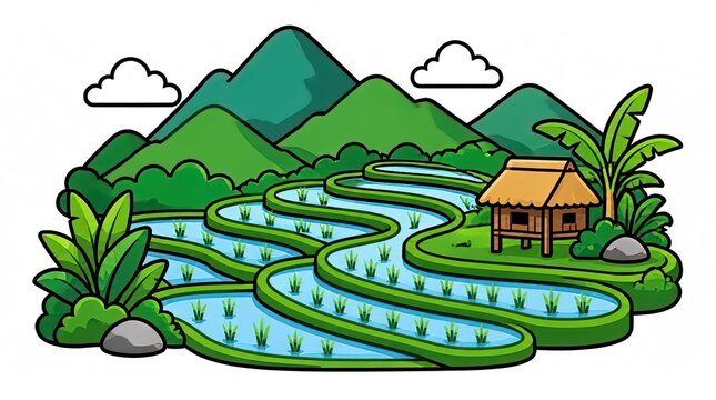 Charming illustration of vibrant green rice terraces and a rustic hut nestled in lush mountains, evoking a serene rural Asian landscape.