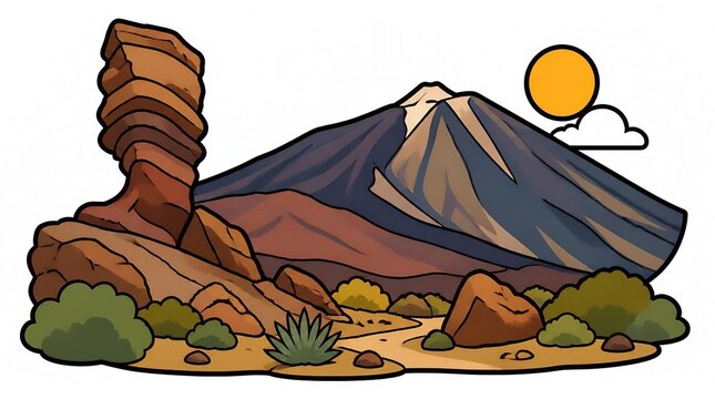 Cartoon illustration of Roque de Garc&iacute;a and Mount Teide, Canary Islands, Spain