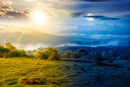 day meet night. carpathian mountain landscape with fog. outdoor adventure wallpaper for astrology view of meadow. magic and harmony concept in mountain field and rolling countryside valley. epic sky