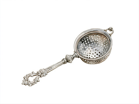 An ornate antique silver tea strainer with a decorative handle and a perforated bowl, perfect for a refined tea experience AI generative