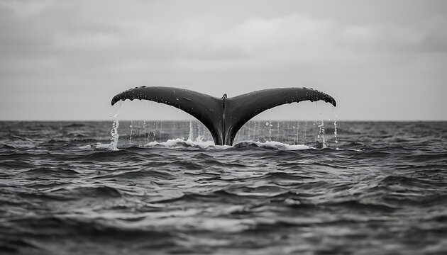 This black and white fine art photograph captures the moment a Humpback whale lifts its massive fluke above the water's surface to dive deeper