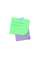 Green and purple sticky notes with a small piece of blue tape attached to the top for important office reminders and tasks on a colorful paper pad for desk organization and planning © MstMehernnigar