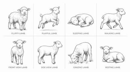 Fototapeta premium Diverse pencil sketch collection of young sheep in multiple natural poses and movements for agricultural illustration and farm animal design