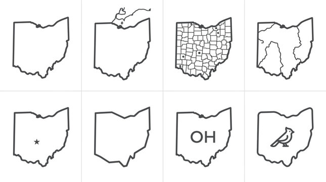 Ohio state map outline set with counties, regions, capital, and cardinal bird icons
