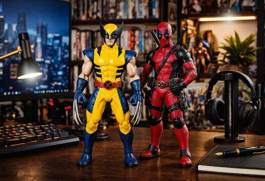 Deadpool & Wolverine Collectibles Macro Close-Up, Marvel Action Figures, London, England - August 2026