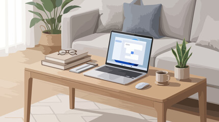 Fototapeta premium Modern home office workspace, laptop on wooden coffee table in cozy living room, remote work flat vector illustration