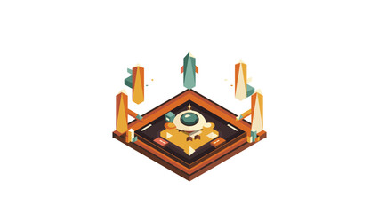 Fototapeta premium Isometric futuristic space station with floating crystal monoliths on white