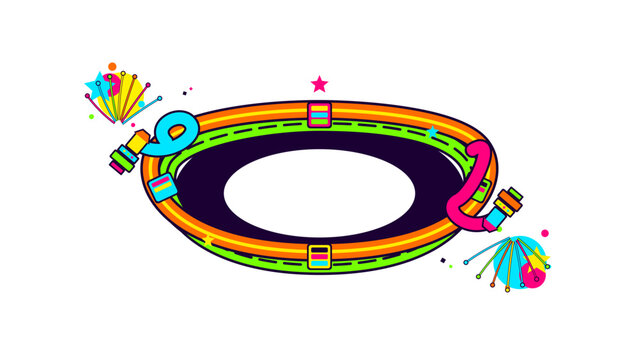 Colorful retro racing track oval circuit with bright neon elements on white