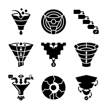 Sales funnel diagram icons set business process flow charts collection