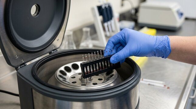 Laboratory technician placing a rack of newborn screening capillary tubes into a specialized micro-centrifuge &ndash; Hematology and blood cell testing