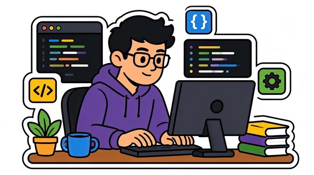 Young programmer enthusiastically coding on computer surrounded by development icons and books