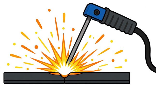 Close-up vector illustration of a welding torch creating bright sparks and molten metal on a steel surface.