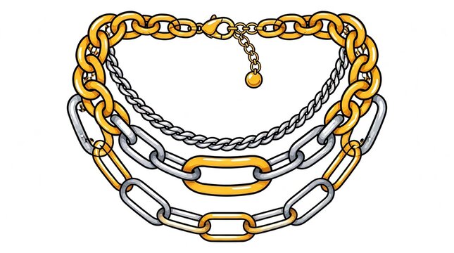 Layered Chunky Gold and Silver Chain Necklace with Lobster Clasp - Fashion Accessory Illustration