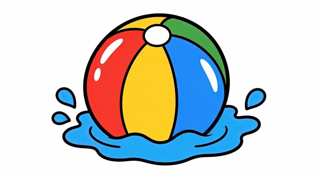 Colorful Beach Ball Floating in Blue Water with Splashes, Cartoon Style