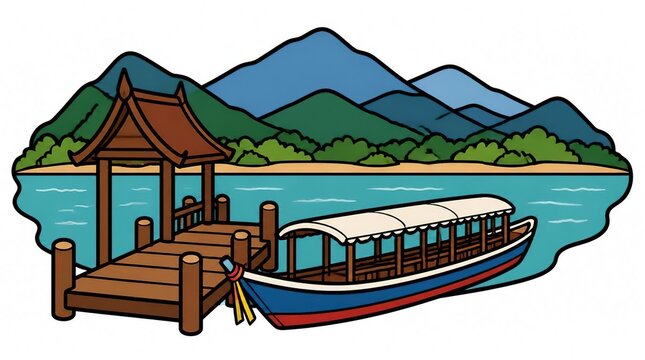Colorful Cartoon Illustration of a Traditional Boat Docked at a Pier on a Tropical River