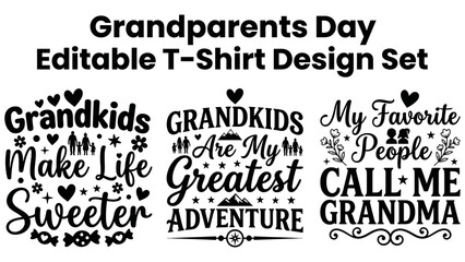 Fototapeta premium Grandparents day t-shirt set, featuring black typography quotes, family silhouettes, hearts, and floral on white background