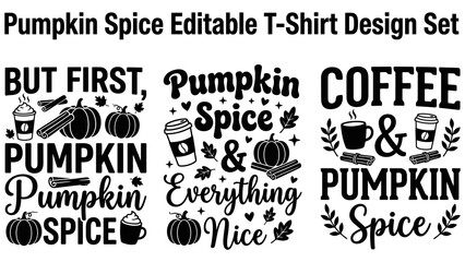Obraz premium Pumpkin spice t-shirt bundle featuring coffee cups, cinnamon sticks, pumpkins, and autumn typography for apparel on white