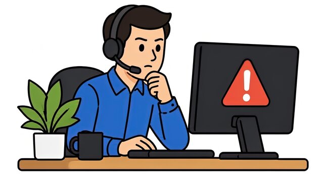 Customer support agent wearing a headset looks confused at a computer screen displaying a warning symbol, representing technical issues or problems.