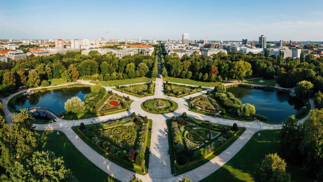 Aerial view of gro&szlig;er garten park with geometric flower beds and ponds in dresden