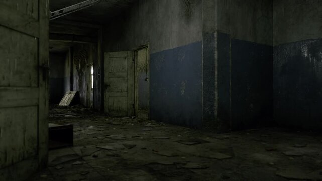 Industrial corridor with distant daylight, cracked tiles, model of dereliction, layered shadows and broken fixtures creating cinematic tension for editorial