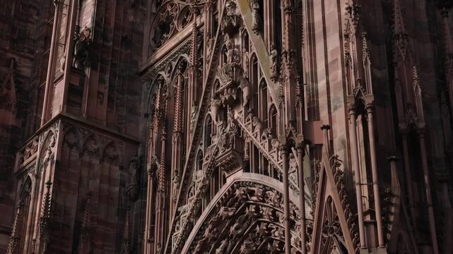 Intricate gothic facade of the Cathedral of Our Lady of Strasbourg revealing the rose window