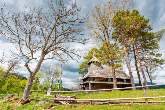 kuzhbeyi, ukraine - 12 may 2019: church on a hill in abandoned village of transcarpathia region, mizhhirya rural district. view of lemko old wooden architecture heritage