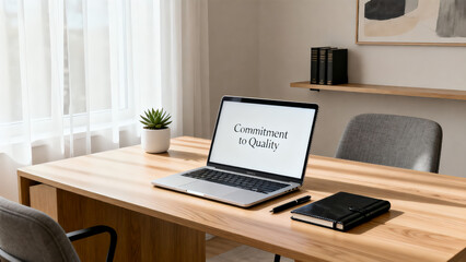 Fototapeta premium Modern Minimalist Home Office Workspace with Laptop Screen Showing Commitment to Quality