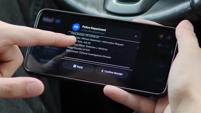 Person reviews a digital police summons on a smartphone, highlighting electronic law enforcement notices, witness requests, mobile case communication and the shift toward paperless public services.
