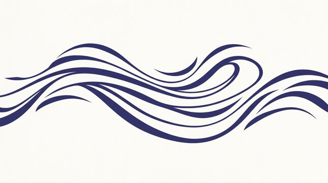A flowing wave pattern created with dark blue calligraphic lines on a clean white background, evoking a sense of fluid motion and elegance