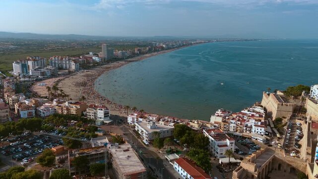 Peniscola bay and beach aerial view, Mediterranean sea, Valencia Region Spain. High quality 4k footage