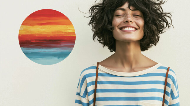 Smiling woman with colorful sunset circle