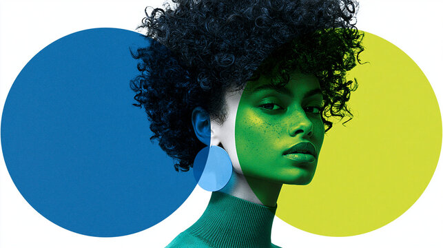 Fashion portrait of woman with afro hair and geometric circles