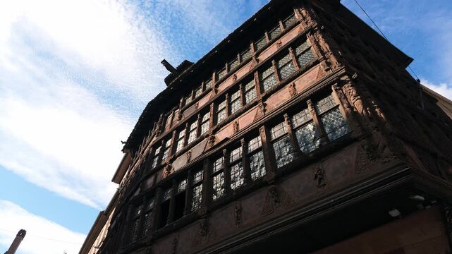 Low angle view of the historic Maison Kammerzell, a medieval timber framed house in Strasbourg
