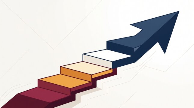 Upward trending staircase with a large arrow pointing up, representing business growth and success on a white background