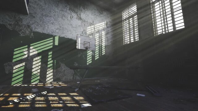 Dramatic ruined institutional interior with strong patterned light through high windows, abandoned furniture and rubble form stark lines and heavy atmosphere.