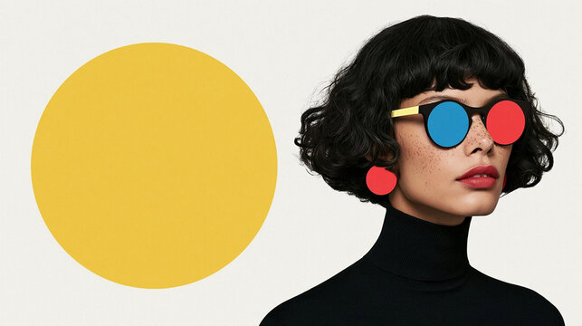 Fashion Woman with Colorful Round Glasses and Yellow Circle
