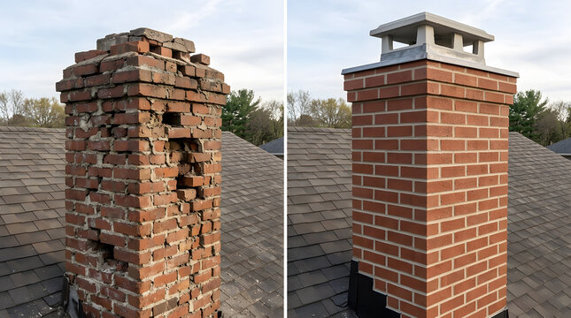 Brick chimney repair before and after | Professional masonry restoration services | Residential chimney rebuild on shingle roof | Home maintenance and renovation comparison