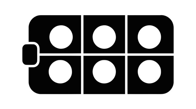 Vector illustration of black icon of a pill blister pack with six tablets on a transparent background