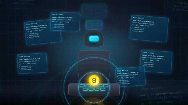 Digital cryptocurrency mining animation with floating bitcoin coins and blockchain data processing on blue background