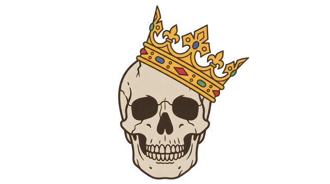 Human skull wearing a golden royal crown isolated on a white background transparent background